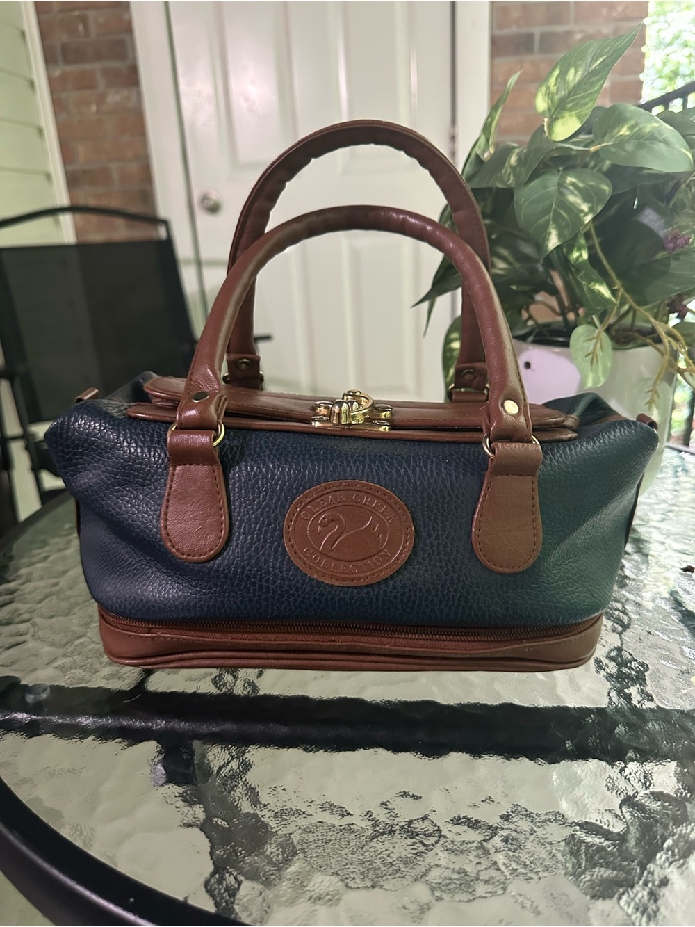 Leather-Trim Cosmetic Satchel in Navy and Brown